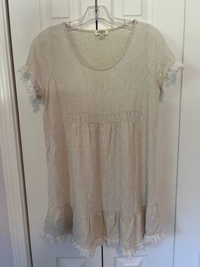 Umgee Cream Short Sleeve Frayed Hem Tunic Dress